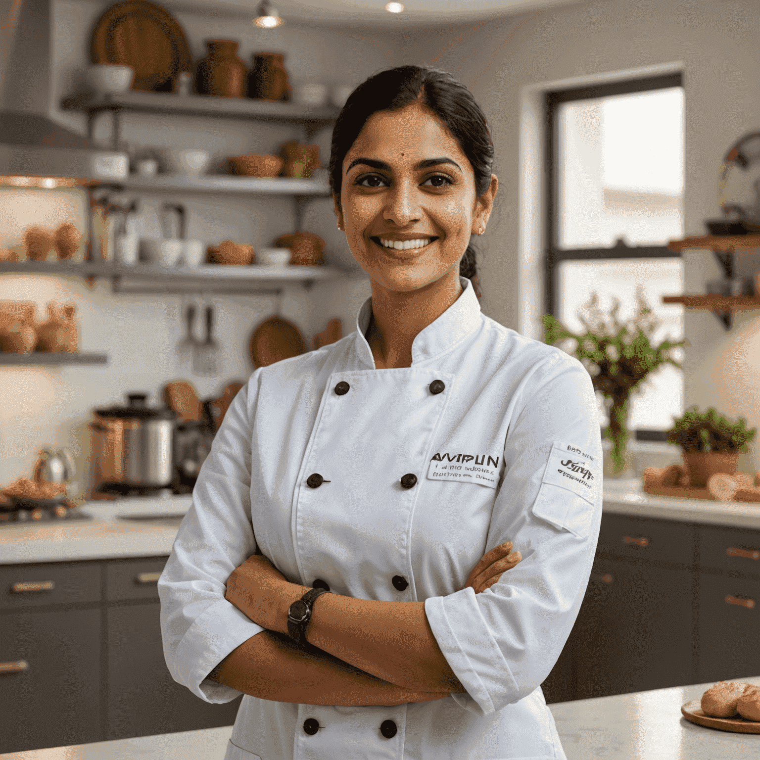 Portrait of Priya Sharma, Head Pastry Chef at aviplin. She has a warm smile, wears a white chef's coat, and is standing in a modern kitchen.