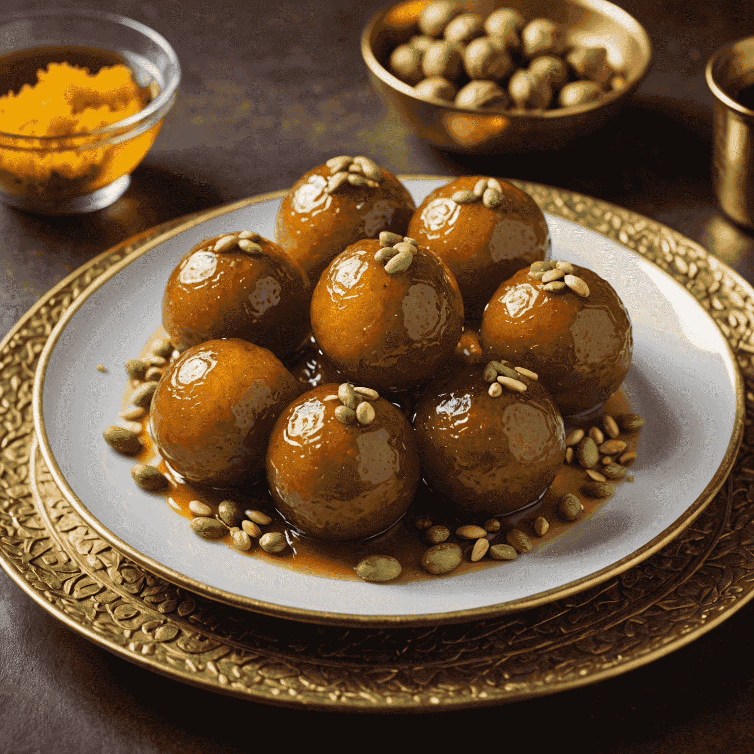 A plate of golden-brown Gulab Jamun balls soaked in syrup, garnished with saffron strands and crushed pistachios