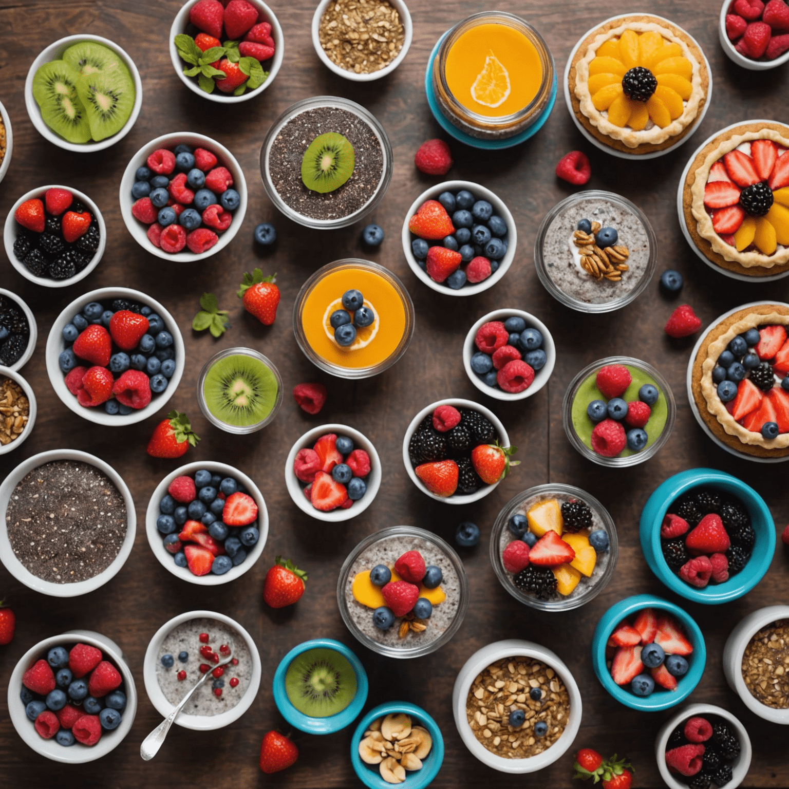 A variety of colorful and appetizing healthy desserts including fruit-based treats, chia puddings, and low-sugar baked goods arranged on a wooden table