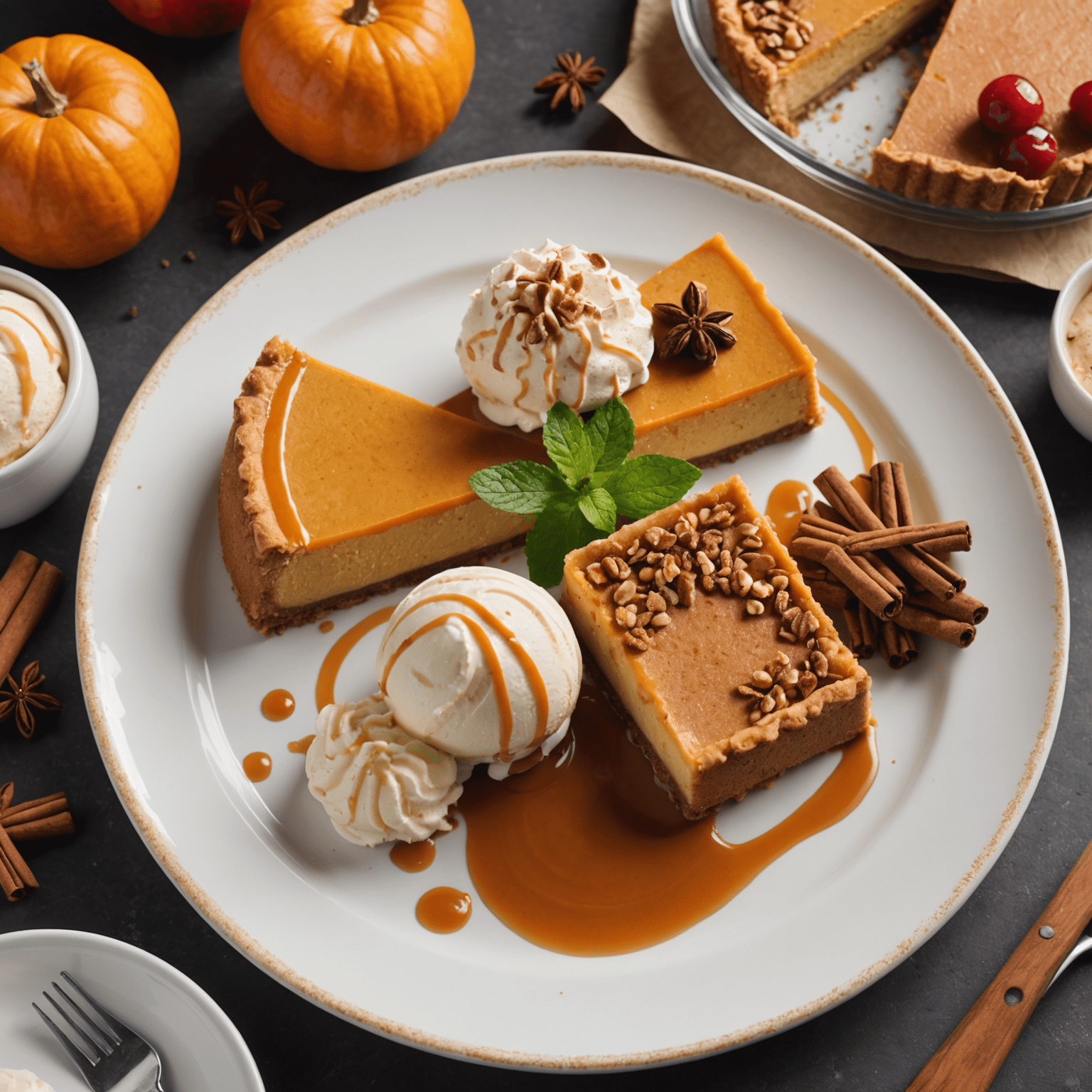 A beautifully arranged plate showcasing this month's seasonal dessert specials, including a slice of pumpkin spice cheesecake, a mini apple tart, and a scoop of cinnamon ice cream