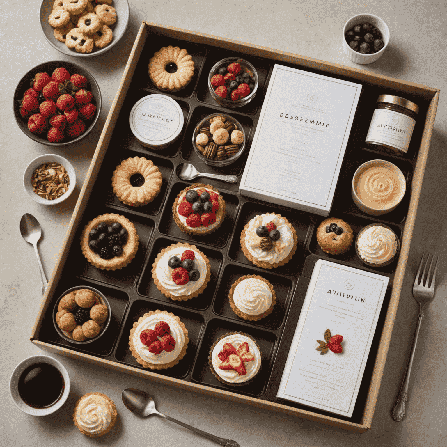 A beautifully arranged DIY dessert kit from Aviplin, featuring various components for making a gourmet pastry at home. The kit includes pre-measured ingredients, decorative elements, and an instruction card, all neatly packaged in a branded box.