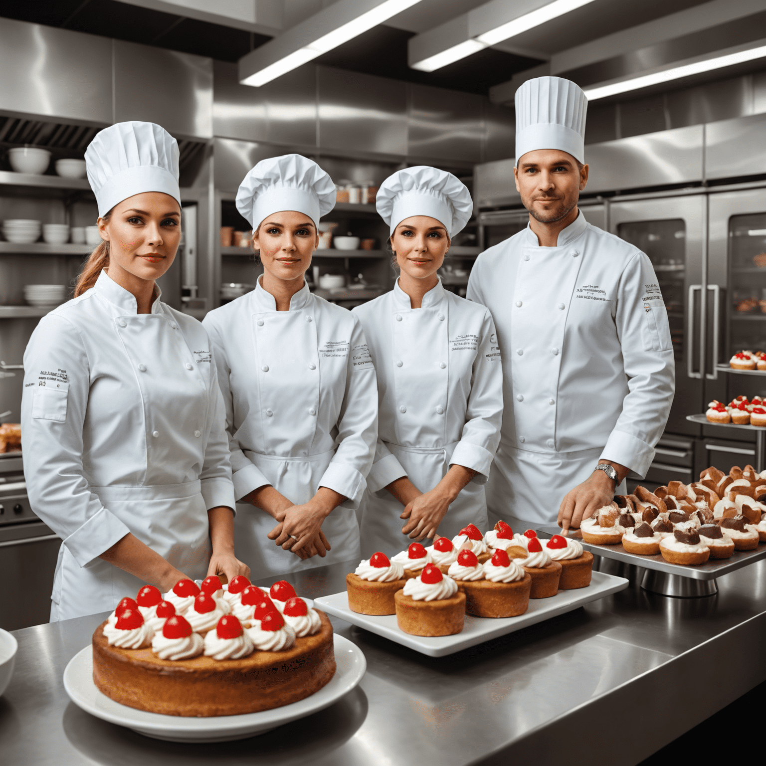 A group of professional pastry chefs in white uniforms and toques standing in a modern kitchen, surrounded by baking equipment and freshly made desserts