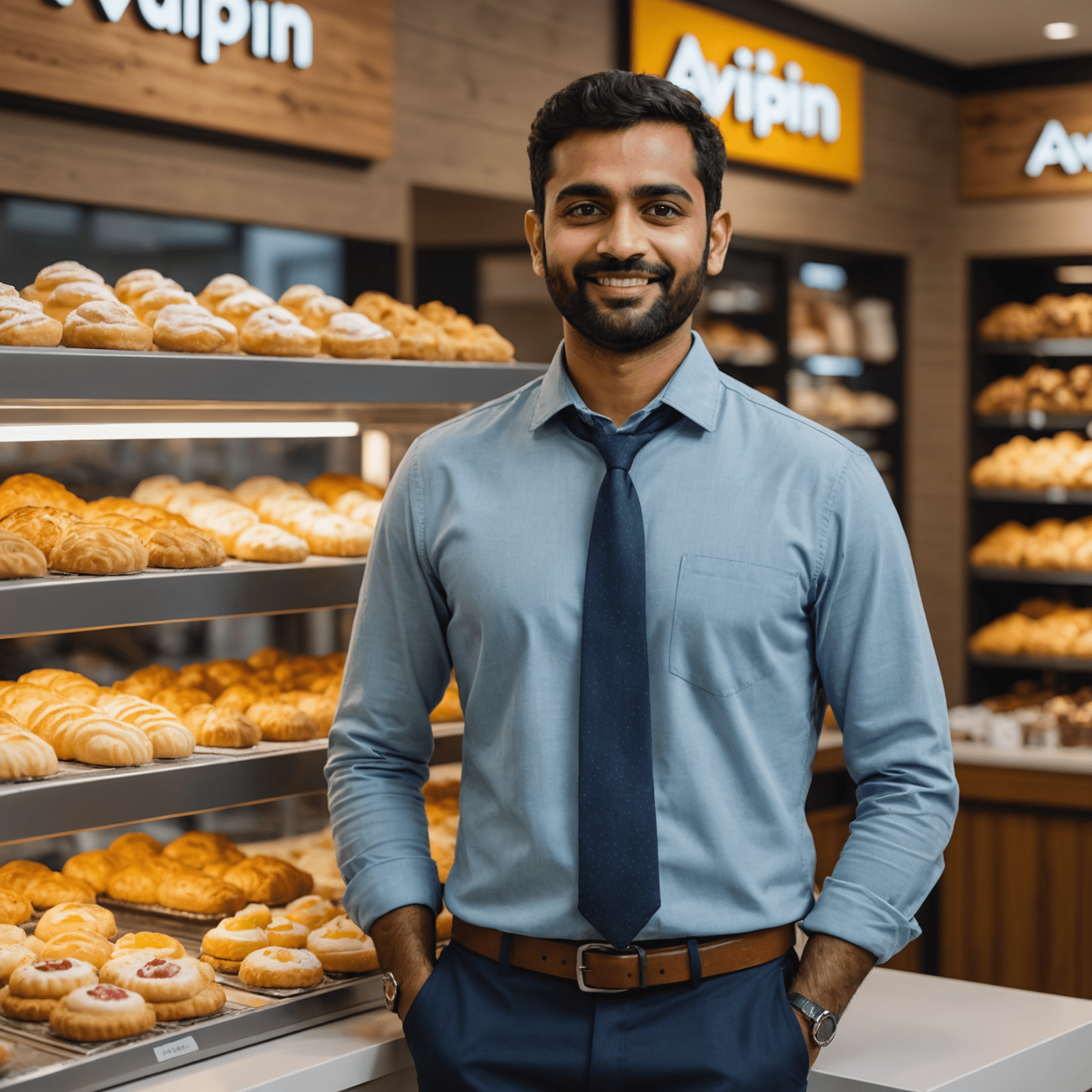 Portrait of Rahul Patel, Operations Manager at aviplin. He has a professional appearance, wearing a smart casual outfit, and is standing in front of a pastry display case.