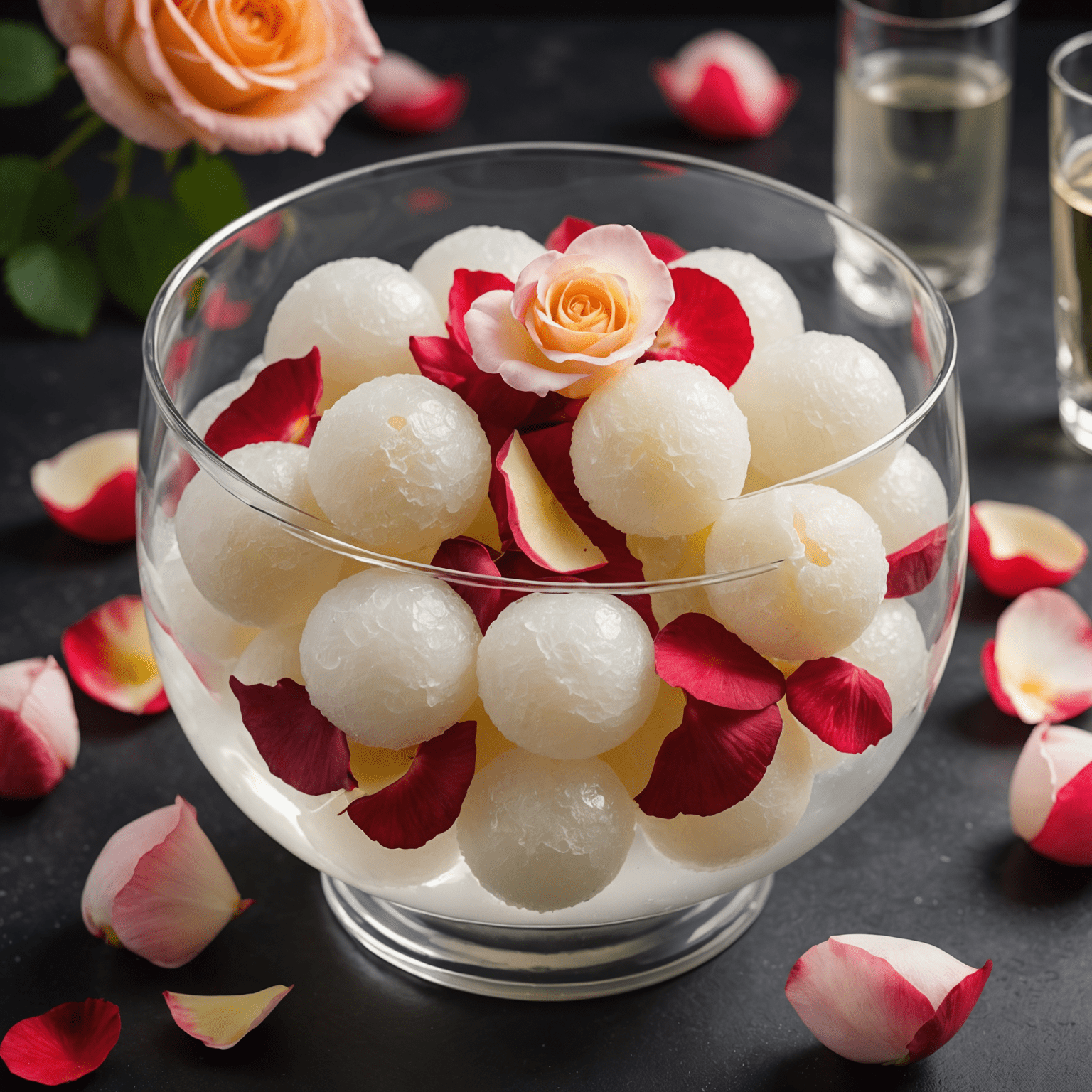 A bowl of white, spongy Rasgulla balls floating in clear syrup, with a few rose petals for garnish