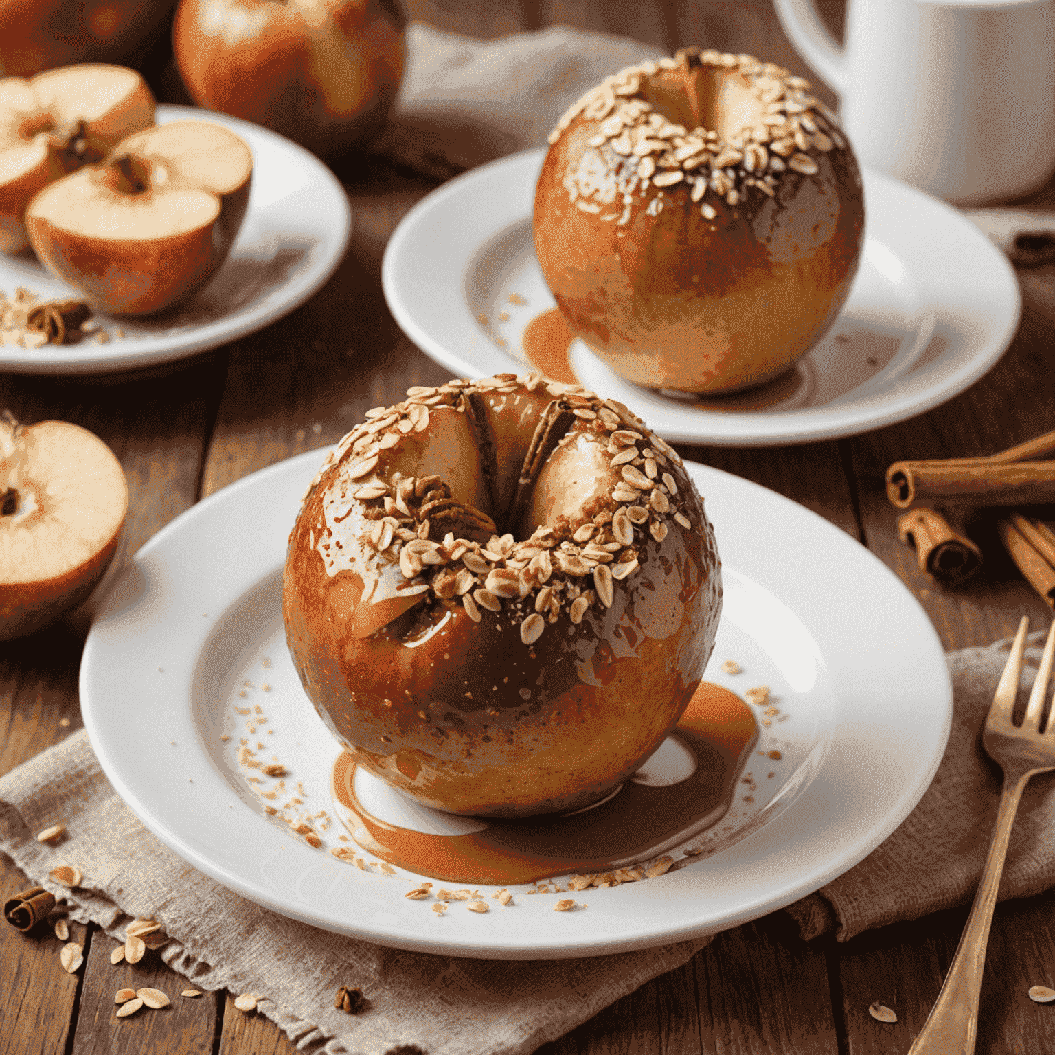 Two baked apples stuffed with a golden oat and cinnamon mixture, served on white plates with a sprinkle of powdered cinnamon