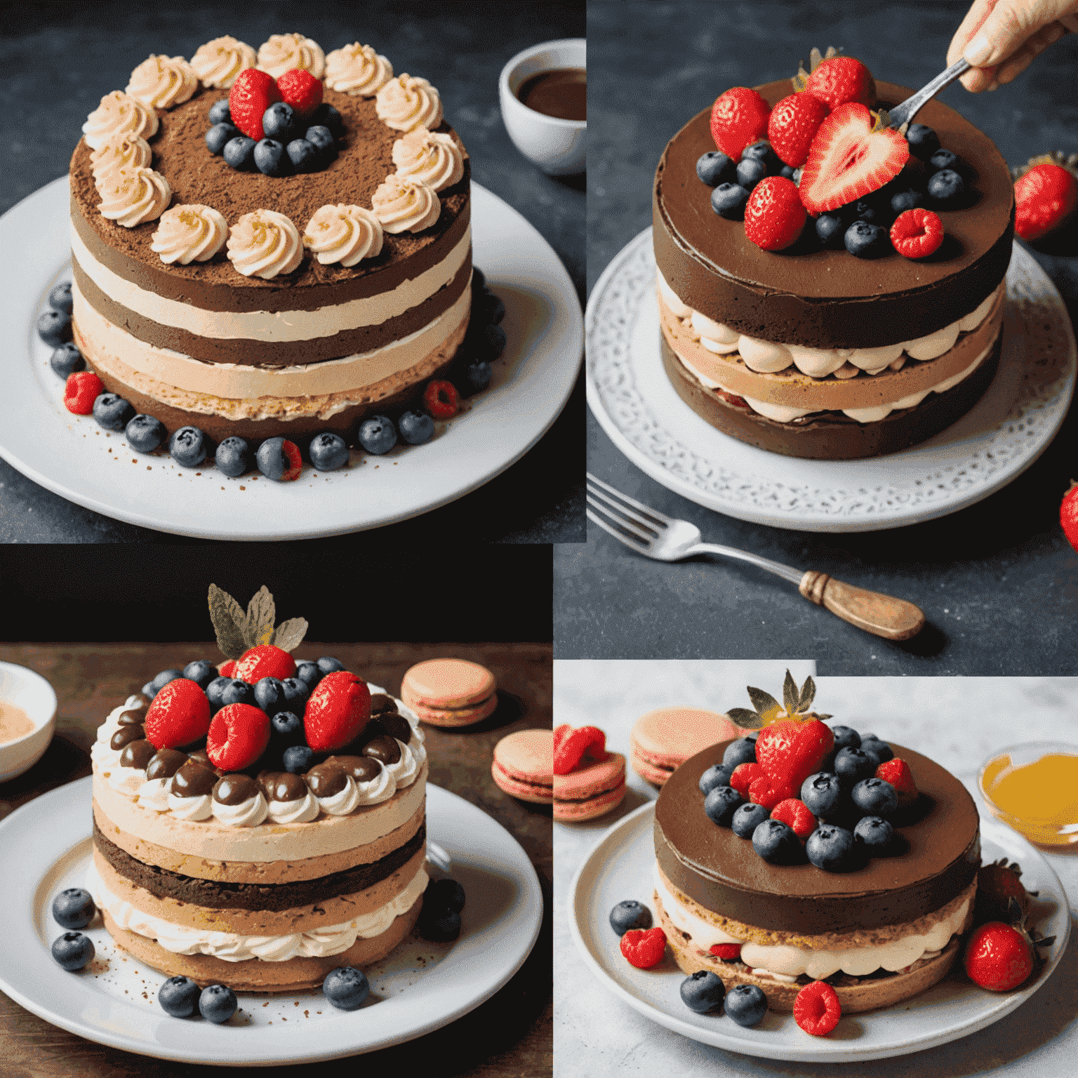 A collage of four images showing the finished desserts made from Aviplin's DIY kits: a perfectly layered tiramisu, chocolate lava cakes with oozing centers, a colorful array of French macarons, and a beautifully arranged fruit tart.