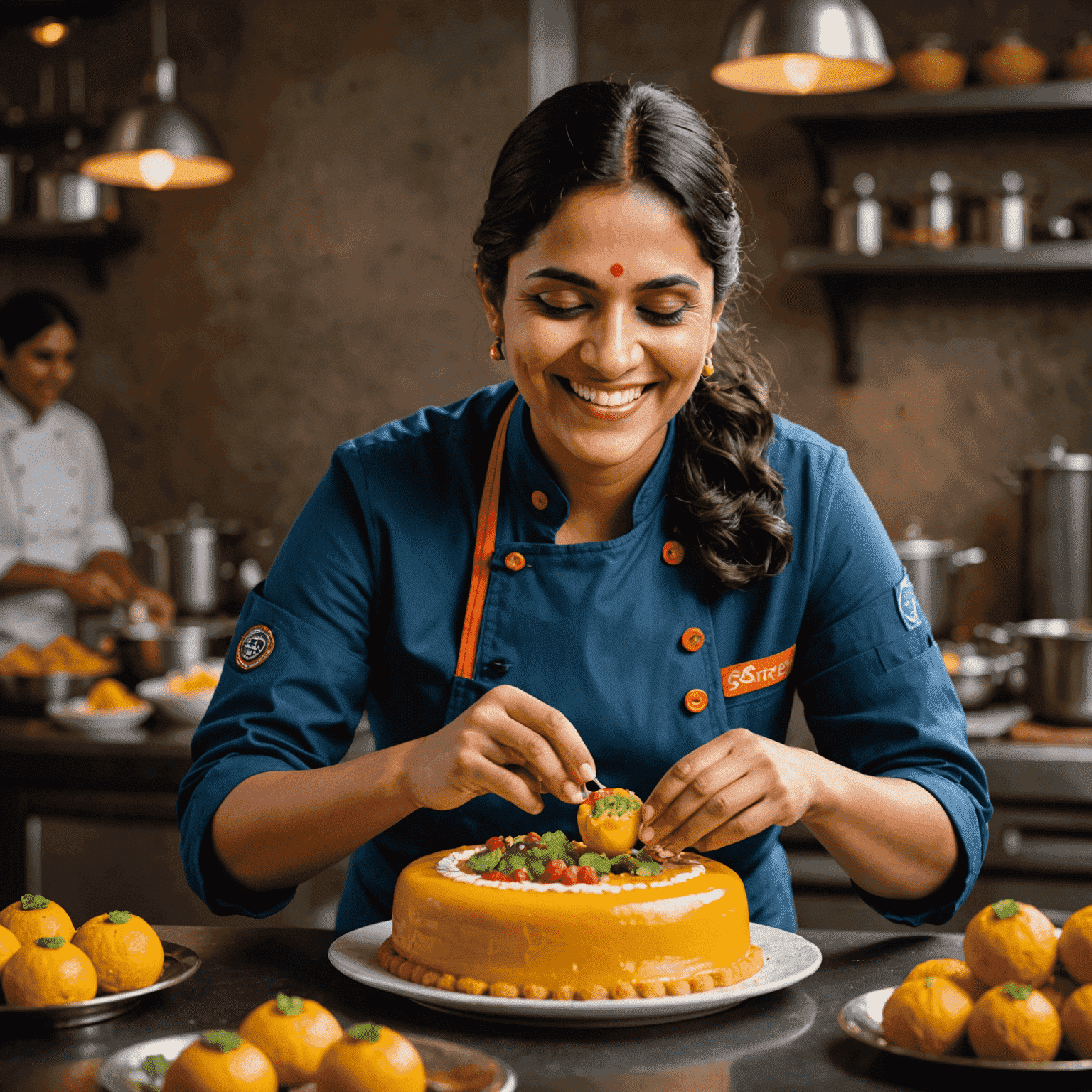 Chef Priya Sharma smiling while decorating a fusion dessert that combines traditional Indian flavors with French pastry techniques