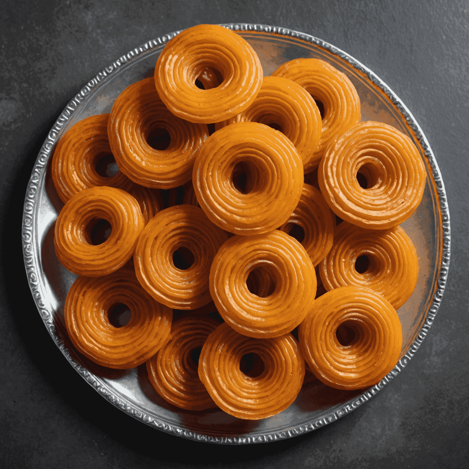 A stack of crispy, orange-colored Jalebi swirls on a traditional silver plate