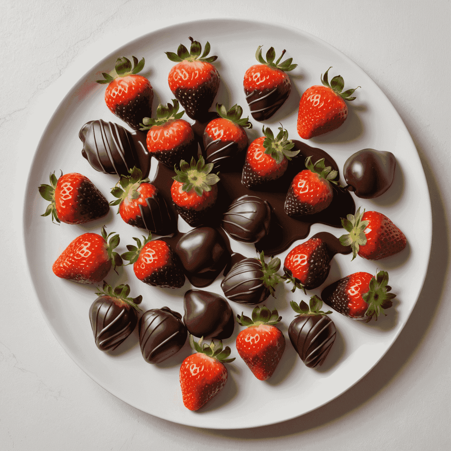 A plate of fresh strawberries partially dipped in dark chocolate, arranged artfully on a white ceramic plate