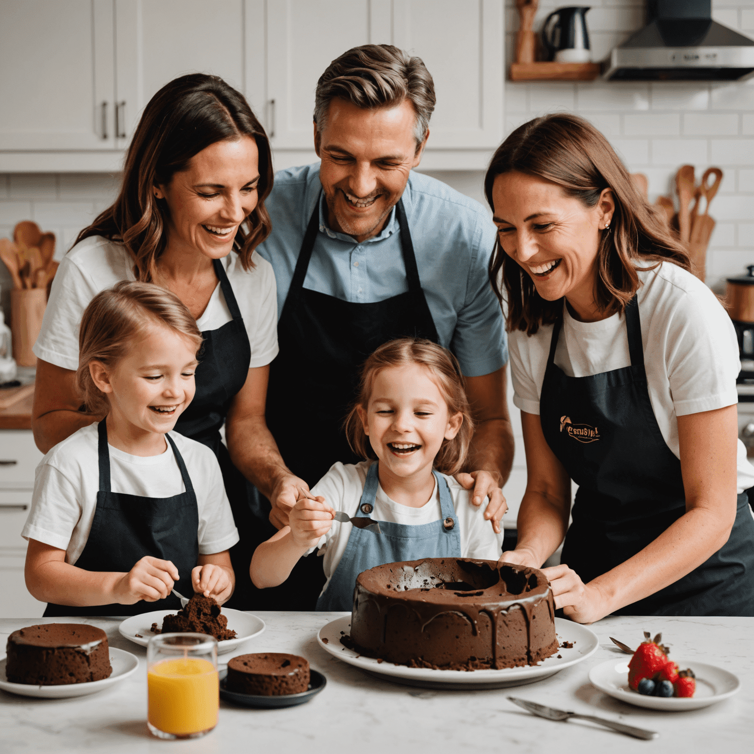 A family enjoying making desserts together using an Aviplin DIY kit. The image shows parents and children in the kitchen, laughing and decorating a chocolate lava cake.