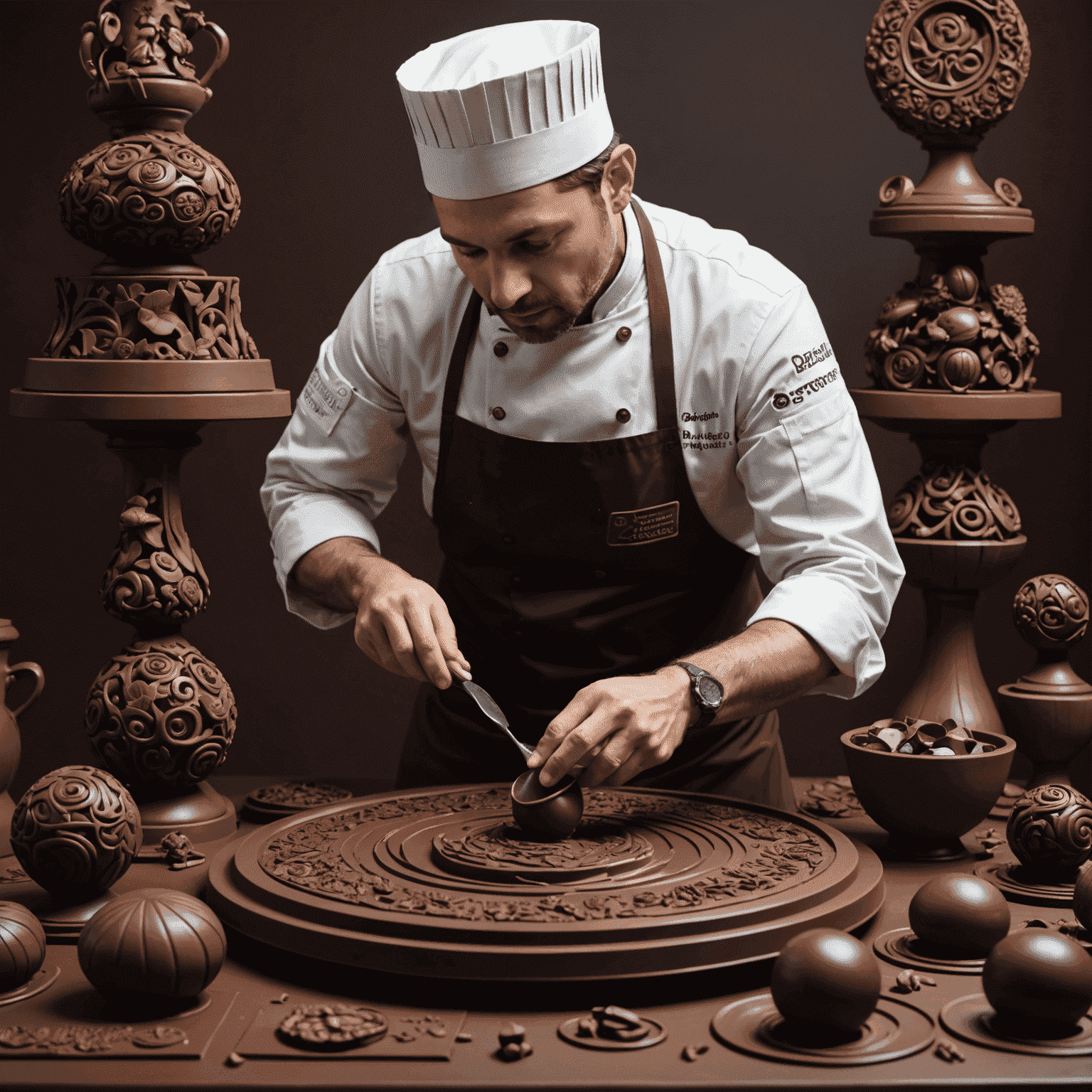 Chef Alexandre Dubois carefully tempering chocolate, surrounded by intricate chocolate sculptures