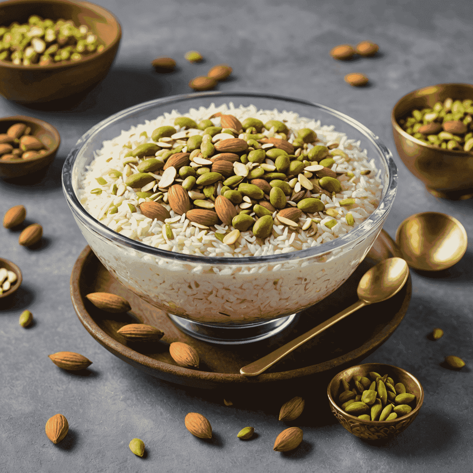 A decorative glass bowl filled with creamy rice Kheer, topped with slivered almonds and pistachios