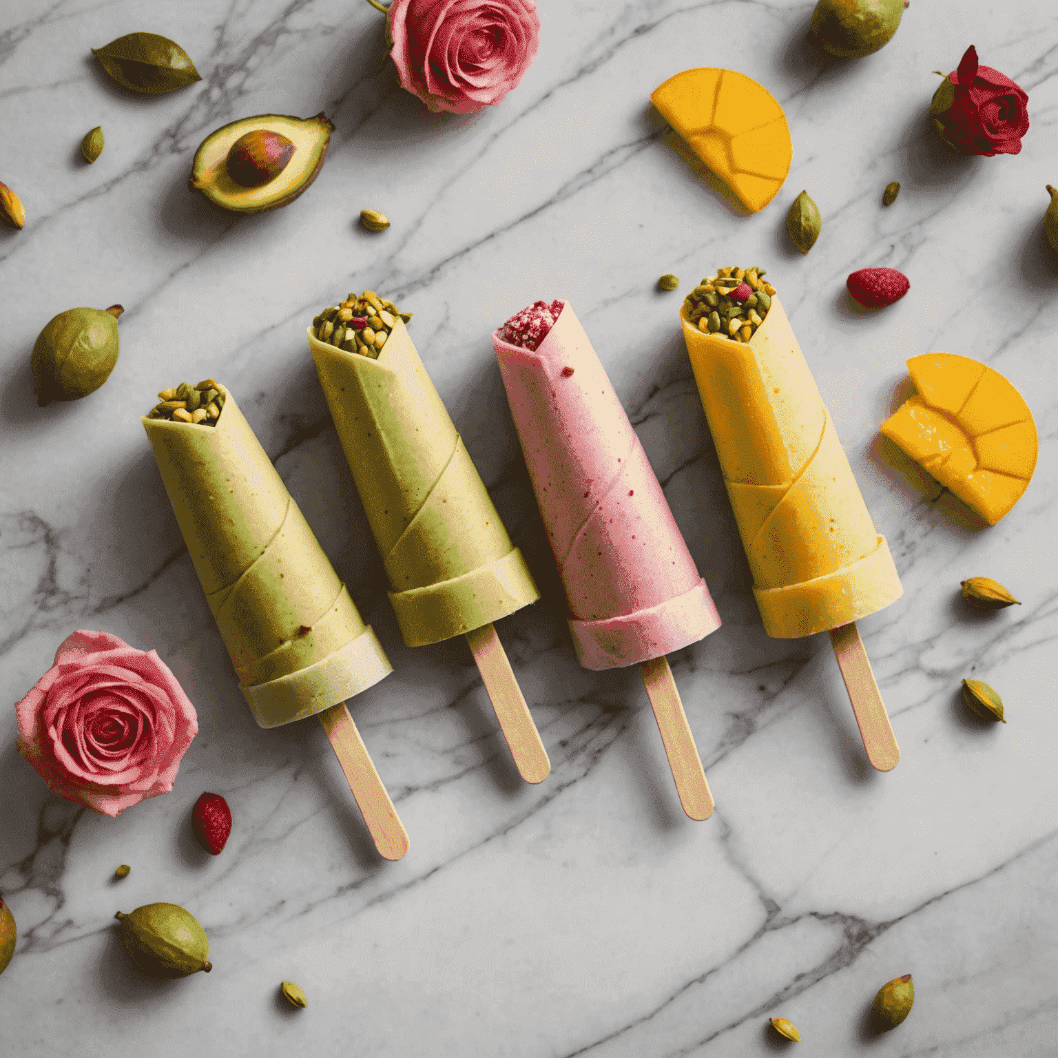 Three conical-shaped Kulfi popsicles in different flavors - pistachio, mango, and rose, arranged on a marble surface