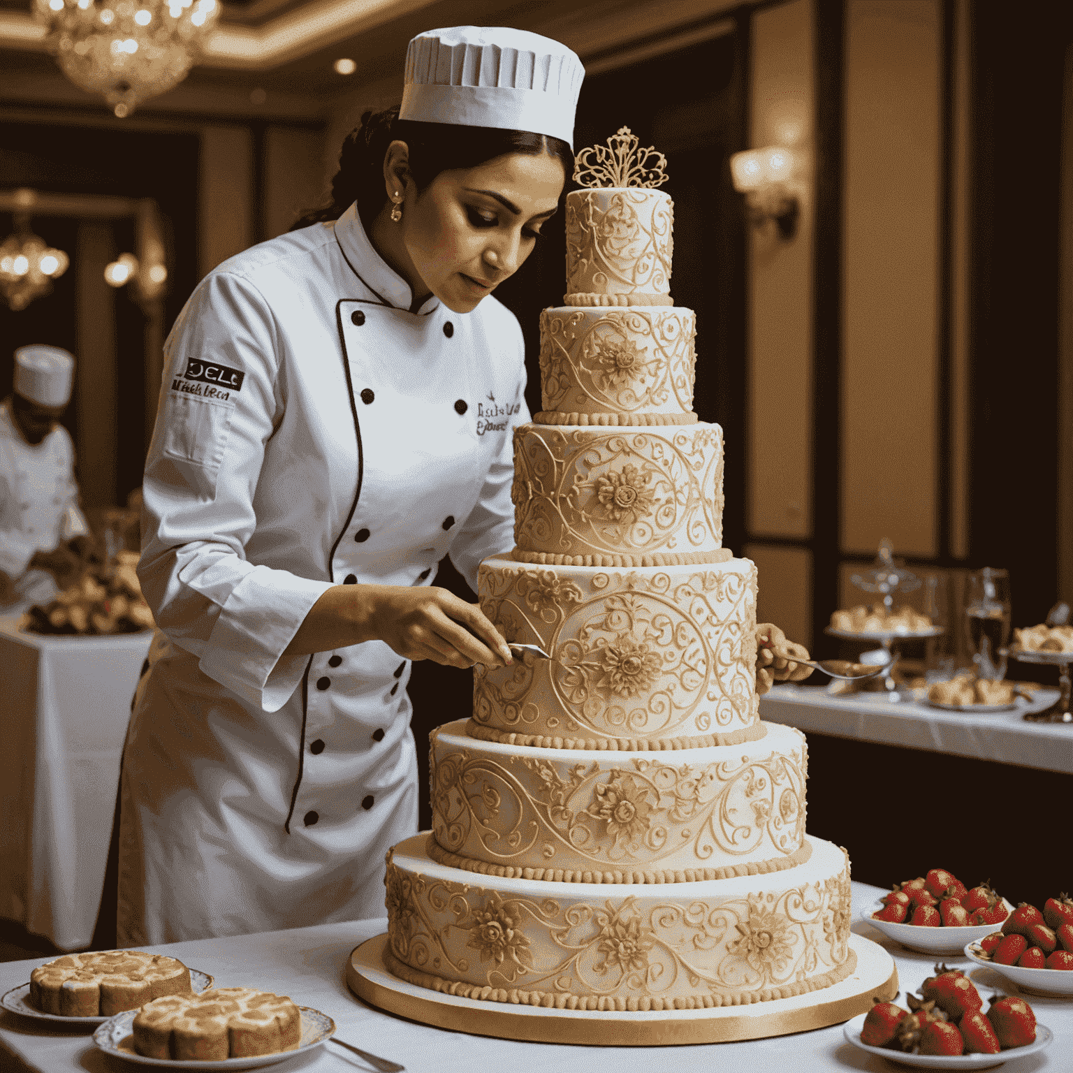 Chef Aisha Khan putting final touches on an elaborate multi-tiered wedding cake with intricate sugar work